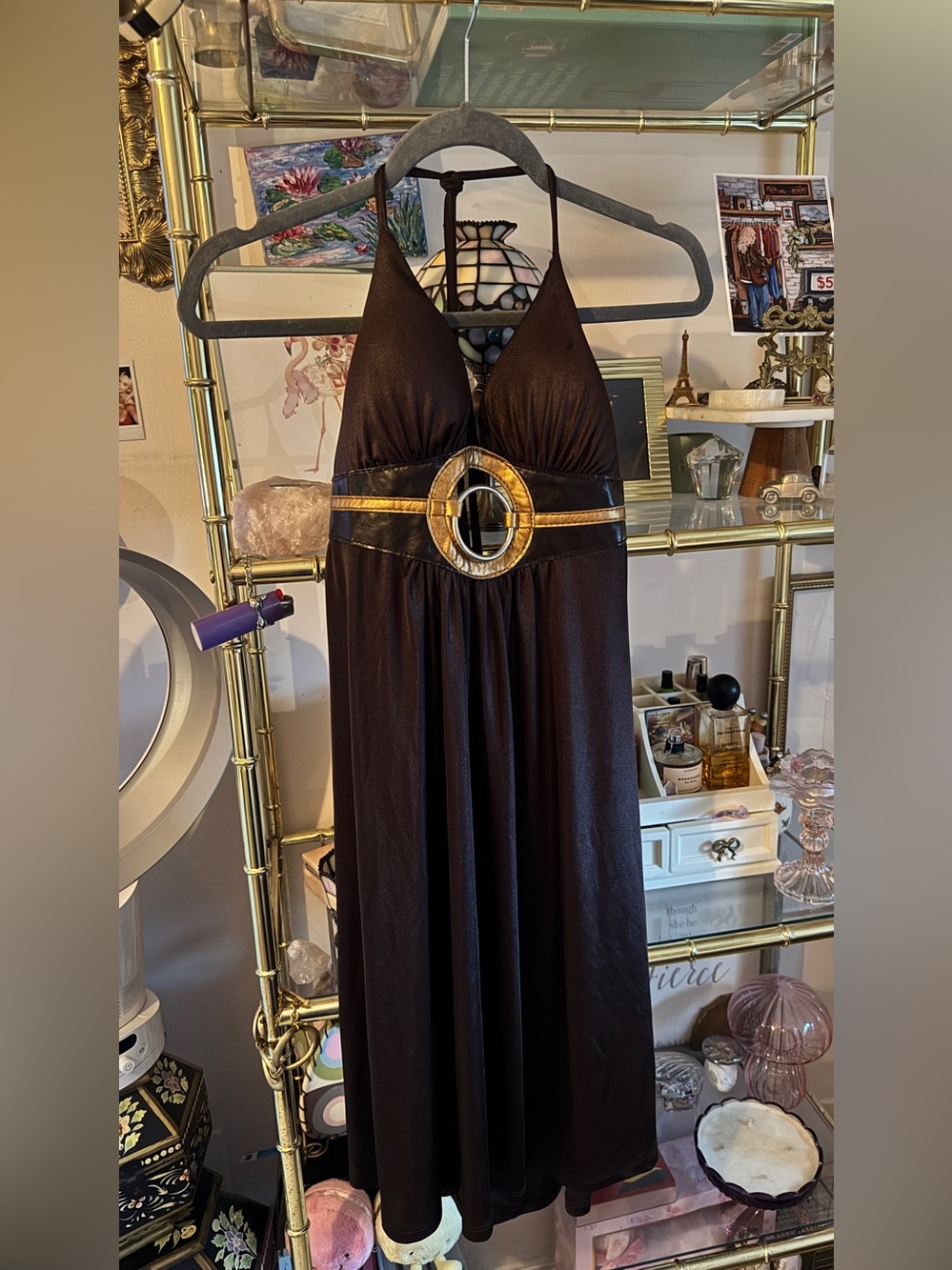 Forever 21 Vintage Dark Brown Halter Midi Dress with Gold Buckle